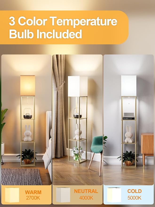 Floor Lamp with Shelves for Living Room Natural Wood 2 Pack, Shelf Floor Lamp with 3 CCT LED Bulb, Corner Display Standing Column Lamp Etagere Organizer Tower Nightstand for Bedroom Office