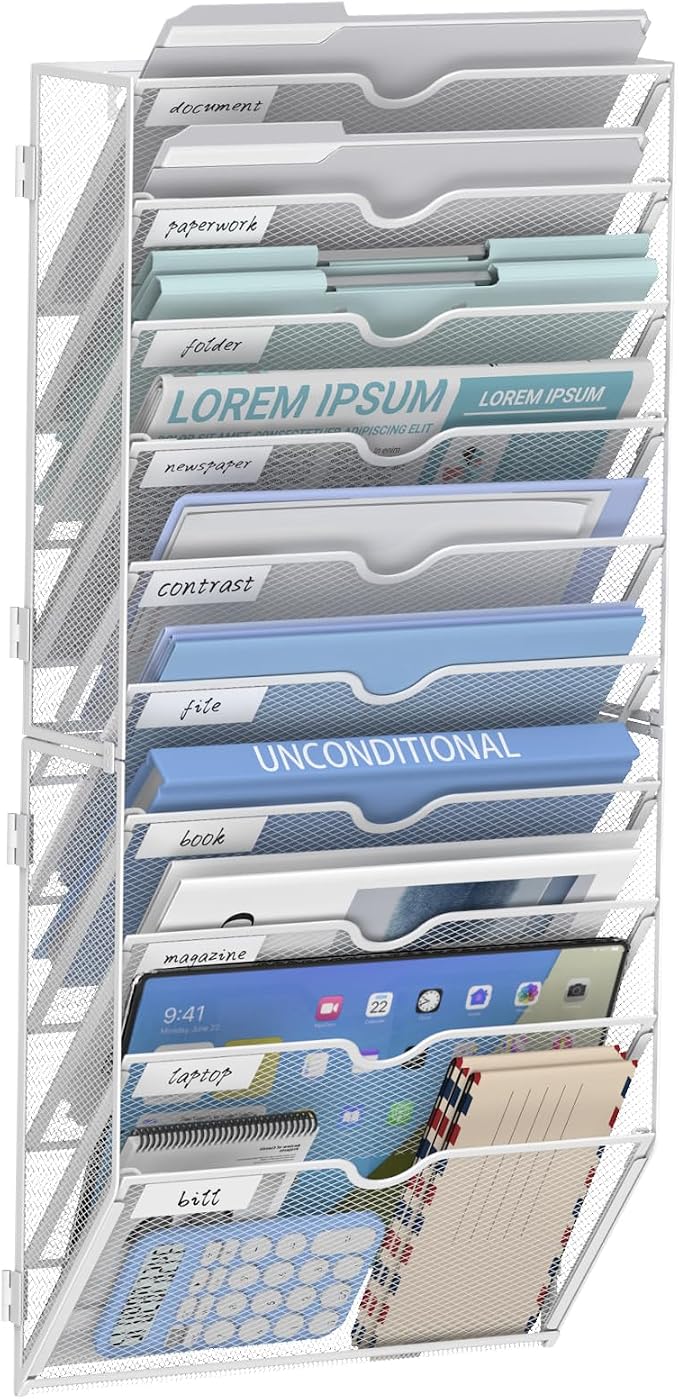14-Tier Wall File Organizer and Hanging File Organizer, White | Wall Organizer and Wall Mounted File Holder with 14 Pockets and Label Panels for Files, Mail, Folders, Magazines and Paper