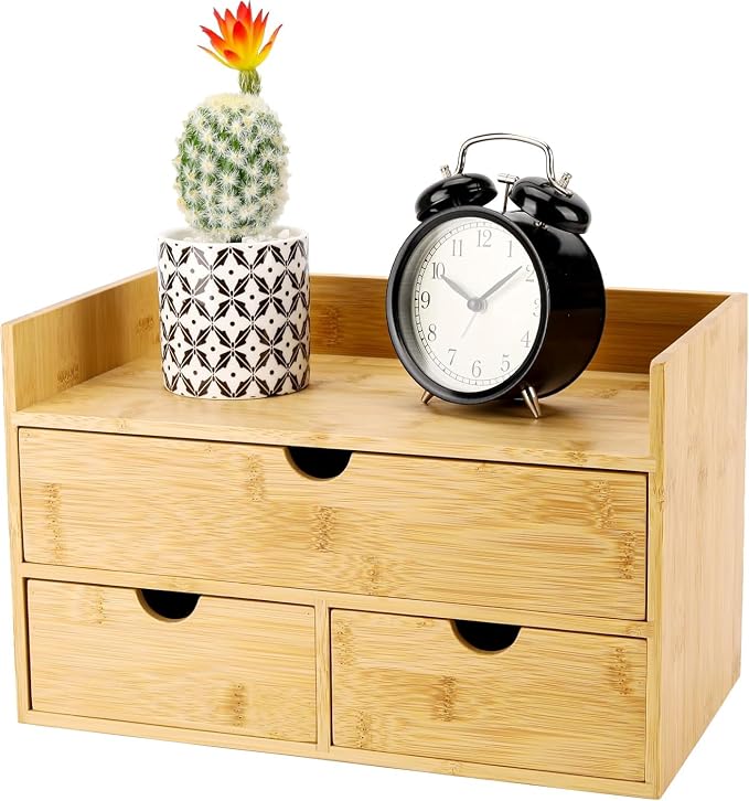 Charmewooden Bamboo Desk Organizer 3 Drawer with shelf, Countertop Organizer with Drawers Makeup Storage Drawer 3 Drawers Tabletop Storage Organization Box Home Office Workspace