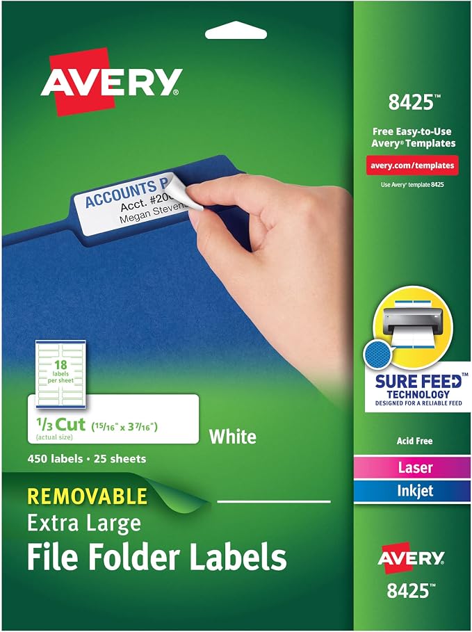 Avery® Extra Large File Folder Labels, Removable Adhesive, Matte White, 15/16" x 3-7/16", 450 Labels (8425)