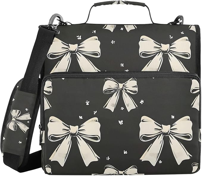 3 Ring Zipper Binder with Shoulder Strap Black White Bow 1.5 inch Binders Keeper Large Capacity Multi Pockets for School Office Supplies