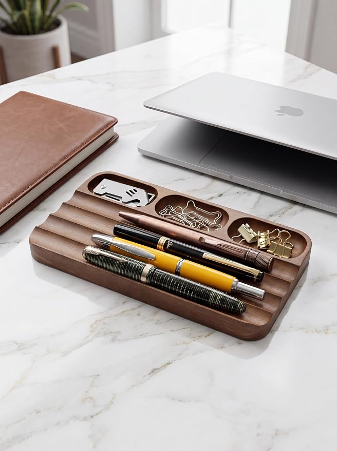 Horizontal Pen Holder,Acacia Wood Pen Tray,Desktop Pen Display,Walnut Desk Tray,Paperclip Headphones Eraser Office Stationery Storage,Brown