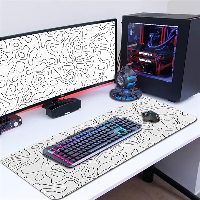 White Topographic Mouse Pad,XXL 15.7x35.4 inch Large Gaming Mouse Mat,Non-Slip Base Desk Mat,Extended Game Mousepad Keyboard Pad Long Desk Pad for Computer,Keyboard,Home,Office