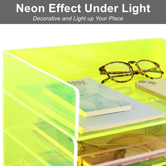 Gelite Acrylic File Organizer for Desk 4 Tiered Stackable Letter Tray Office Paper Storage Desktop Document Sorter, Neon Green