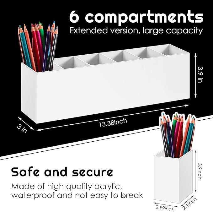 2 Pack Acrylic Makeup Brush Holder 6 Compartments Pencil Organizer Cup Pencil Holder for Desk Pen Organizer Storage Pen Holder for Accessories Cosmetic Brushes Office Bathroom Kitchen Supplies (White)