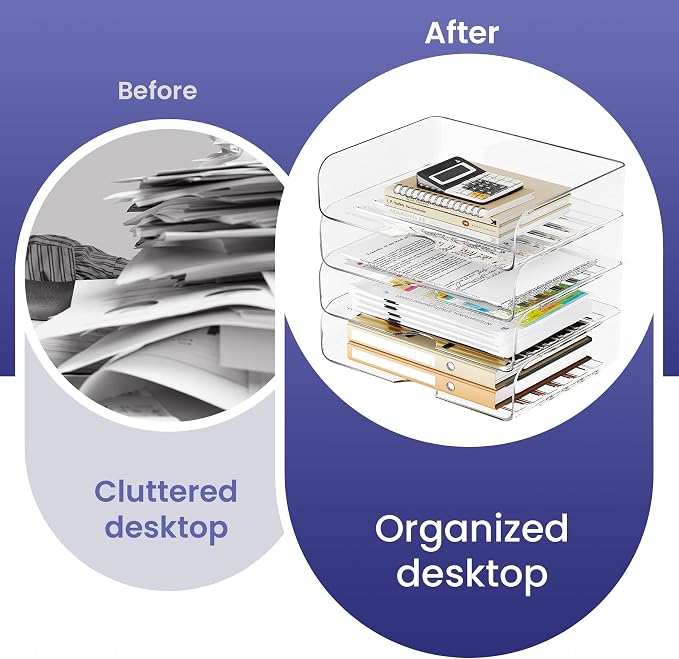 Tomorotec 4 Pack Clear Stackable Letter Tray, A4 Desk File Organizer Set | Durable PET Anti-Skid Base For Home, School Or Office Document Paper Storage. Side Load Access Design, Landscape