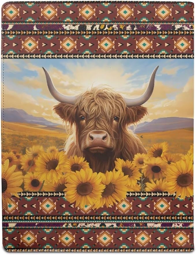 Dreaweet Aztec Highland Cow Padfolio for Women,Portfolio Folder for Letter Size Notepad,Personalized Leather Resume Portfolio Folder Organizer for Interviews/Meeting/Presentations