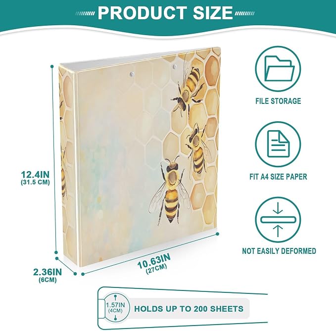 3 Ring Binder Bees Honeycomb Hive 1.5 inch Binders Three Ring Binders with Clipboard Fit 8.5'' x 11'' Paper 3 Interior PVC Clear Pockets for Office Supplies
