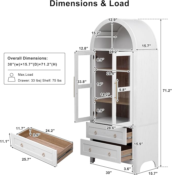 71" Arched Storage Cabinets with Glass Doors, Farmhouse Kitchen Pantry Cabinet with 2 Large Drawers, Tall Bookcase with Adjustable Shelves, Curio Cabinet, Display Cabinet(White)
