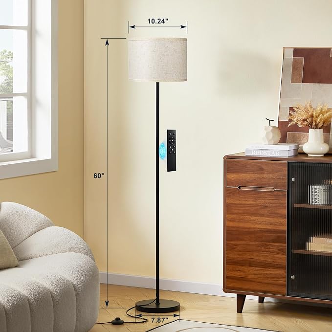 60'' Modern Floor Lamp with Remote, Tall Lamps for Living Room, Bedroom, Office, Dining Room, Beige Shade with Black Pole(Included Bulb)