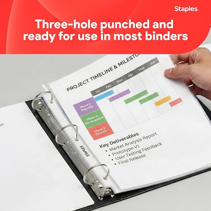 Staples Sheet Protectors, 8.5x11 Inch, Top-Loading, Clear, 200-Pack | 2.4 mil standard-weight pages protect documents in binders and folders.