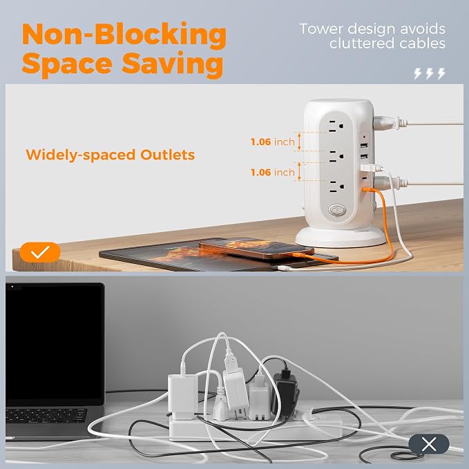 TESSAN Tower Power Strip Surge Protector, Flat Extension Cord 6 Ft, Grey | Individual Switches with 12 Outlets, 5 USB Ports(2 USB C), Flat Plug, Charging Station for Multiple Devices, Office, Dorm