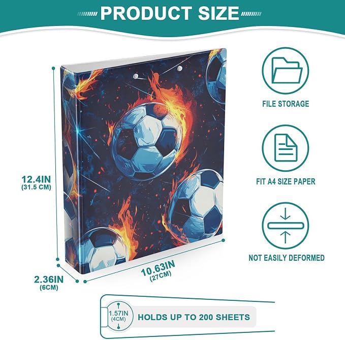 Soccer Balls Fire Ice Decorative 3 Ring Binder 1.5 Inch Large View Binders with Pockets Holds 200 Sheets File Organizer for Office College School, 1 Pack