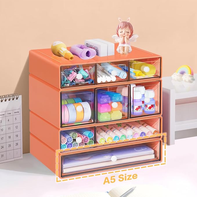 Desk Storage Organizer with 9 Drawers, 4 Tiers Stackable Desktop Craft Storage Drawers, Clear Storage Box Caddy for Stationary Makeup Jewelry Office Craft Supplies (Orange)