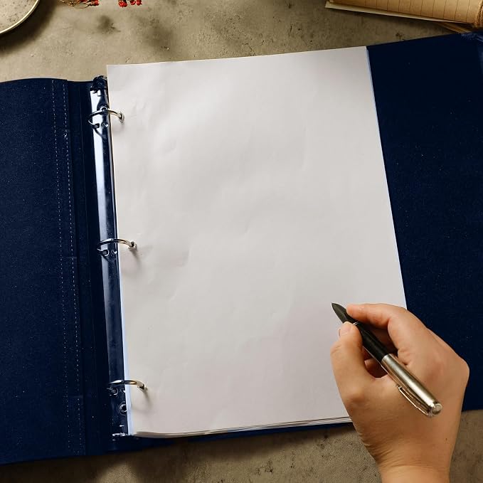 Teling 1 Pcs Leather 3 Ring Binder Holds 8.5 x 11 Inch Paper Binder Organizer Vintage Faux Leather Portfolio Folder Planner for Office Home Document Photo Diary Supplies (Navy Blue)