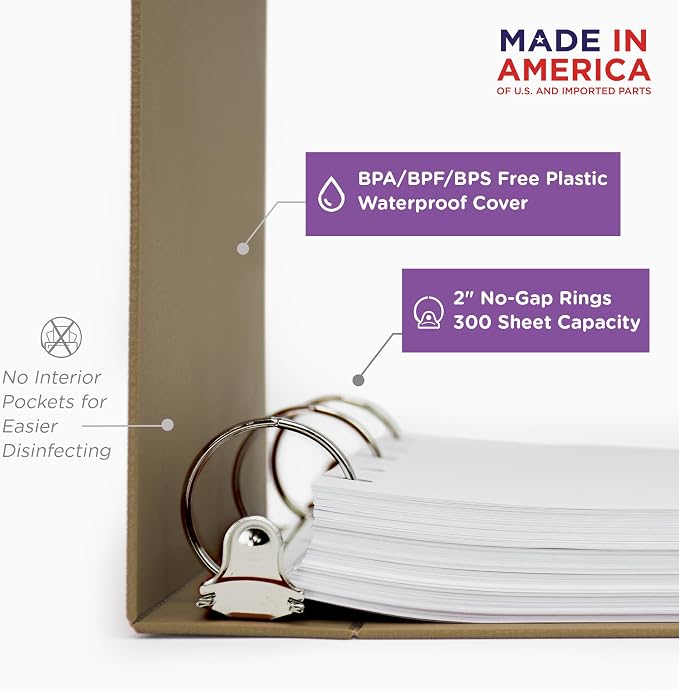 Carstens 2-Inch Heavy Duty 3-Ring Binder - Side Opening, Sand, Durable Plastic, No-Gap Rings, Waterproof Covers, No Pockets, Holds 300 Letter-Sized Sheets, BPA-Free, Made in USA (5825-3R), Case of 16