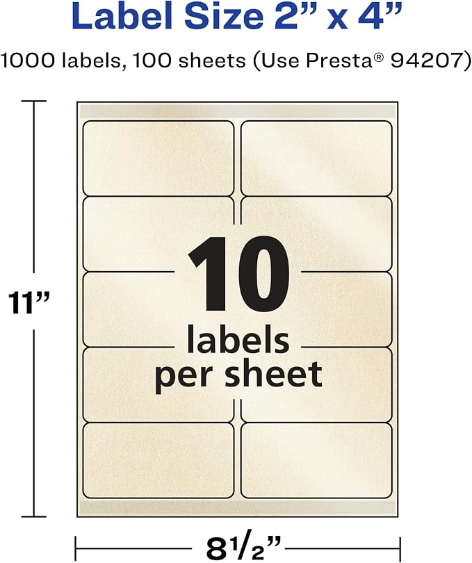 Avery® Pearlized Ivory Rectangle Labels, Sure Feed® Technology, 2" x 4", 1,000 Pearlized Ivory Labels, Laser/Inkjet Printable
