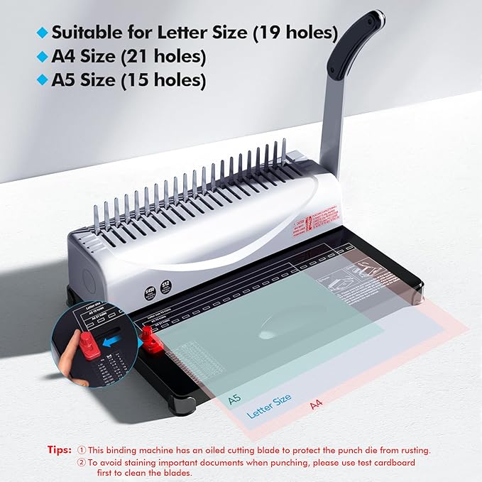 Comb Binding Machine - Punch 12 Sheet, Easy Punch No Jam, Heavy-Duty Metal Build, Book Binder for Office Reports & Home School Projects, Includes 100 Combs, Letter/A4/A5 Compatible