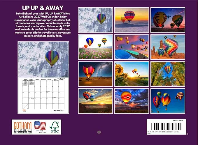 Up Up And Away Hot Air Balloon Calendar 2027 Monthly Wall Calender 12 Month | American Made In The USA