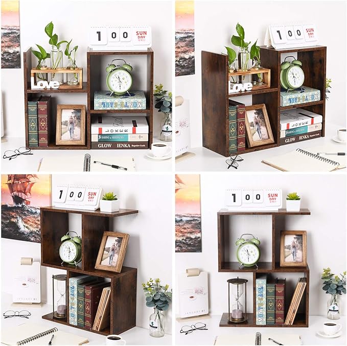 Desktop Shelf Freestanding Wooden Small Bookshelf Desk Supplies Organizers and Accessories Storage Display Rack Office Dorm Decor for Women, Antique Brown