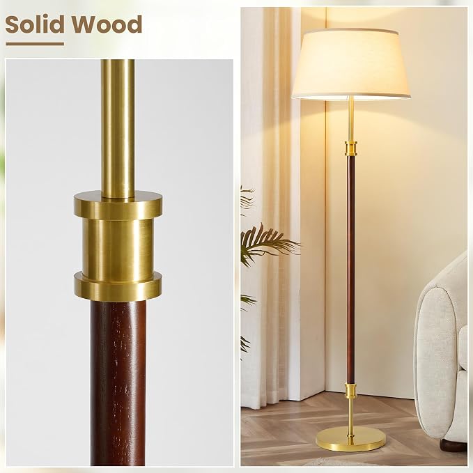 Modern Mid Century Wood Floor Lamp with Soft Linen Shade, 63” Tall Solid Wood & Brass Standing Lamp, Weighted Base, Warm Ambient Light for Living Room, Bedroom & Reading Corners (Solid Wood & Gold)