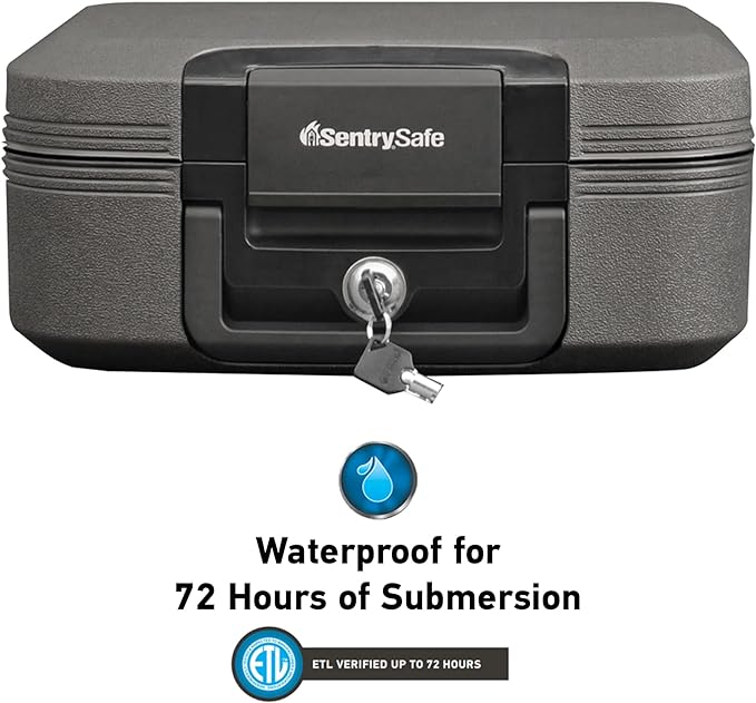 SentrySafe Dark Gray Fireproof and Waterproof Safe with Key Lock, Chest Lock Box with Carrying Handle for Travel, 0.28 Cubic Feet, 6.6 x 15.4 x 14.3 Inches, CFW20201 | Portable Fire Water Resistant Chest Safe With Key Lock Security, Carrying Handle, Id...