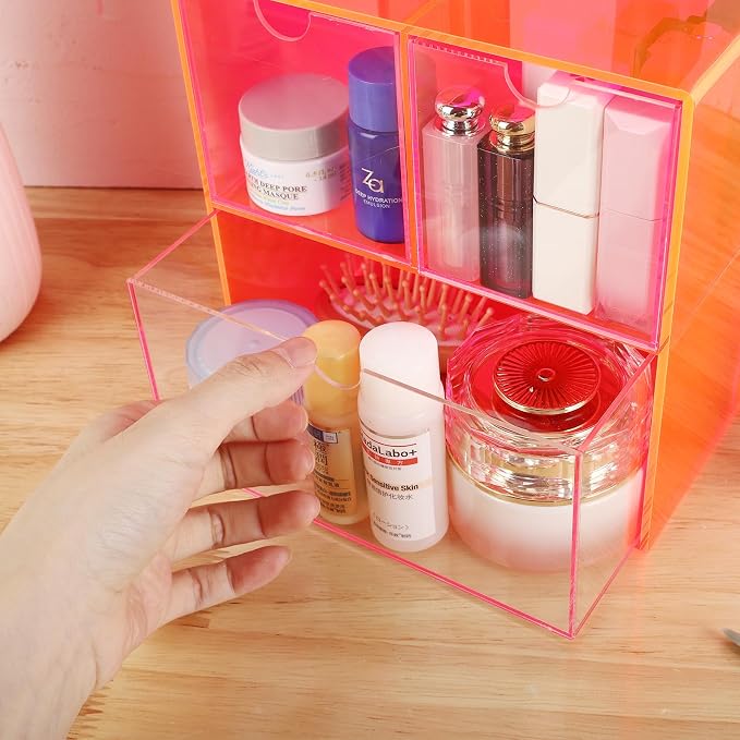 Gelite Desk Organizer with 3 Storage Drawers for Makeup Office Acrylic Desktop Drawer Organizer for Vanity Office Organization and Storage Box, Neon Pink