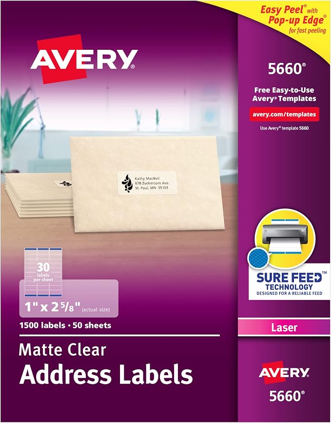 Avery Printable Address Labels with Sure Feed Technology, 1" x 2-5/8", Matte Clear, Compatible with Laser Printers, 1,500 Blank Labels Total, Great for Mailing, Branding, and More (5660)