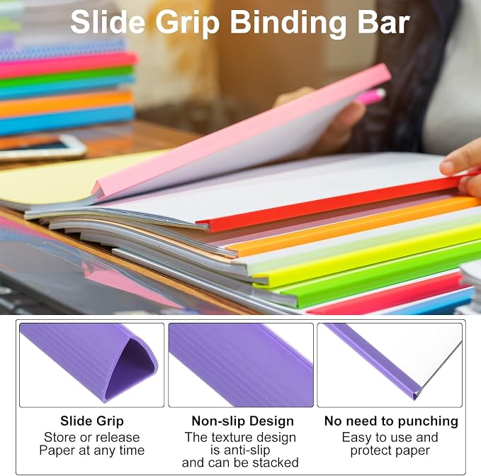 PATIKIL 100Pcs Binding Bars, 10mm Binding Bars Slide Grip 70 Sheets Capacity A4 Size Report Binder Triangle Presentation Binder for Report Cover Resume, Purple