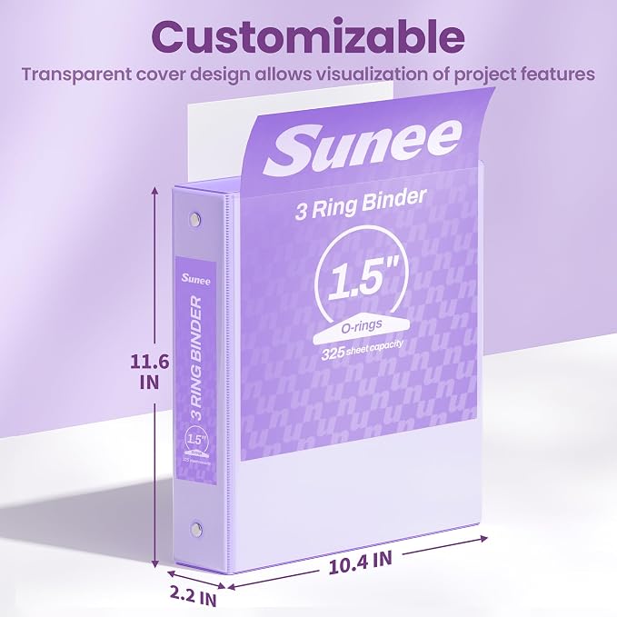 SUNEE 1.5 Inch Binders 3 Ring 4 Pack, Clear View 1 1/2 Inch Binders Three Ring PVC-Free (Fit 8.5x11 Inches) for School or Office Supplies, Purple