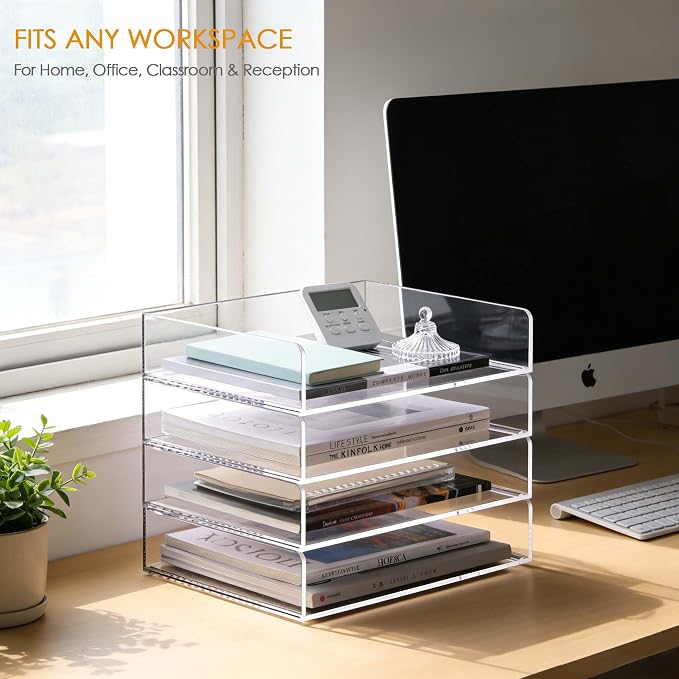 Acrylic Desk Organizer, Stackable Paper Organizer Letter Tray, 4-Tier | Clear Desk Organizers and Accessories, Office Supplies Organizer for Files, A4 Paper, Books, Mails, Office Classroom Home