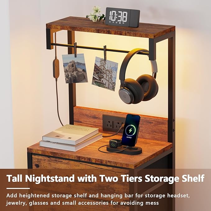Night Stand with Charger Station, 4 Fabric Drawers and LED Lights | 38'' Tall Bedside Table with Storage Shelf for Bedroom, Office, Metal Frame, Wood Shelves, Rustic Brown Nightstand