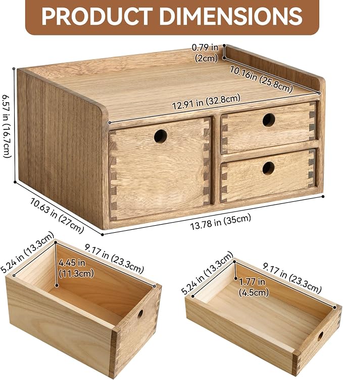 KIRIGEN Wooden Desk Organizer with 3 Drawers and Top Tray, Brown DT1D3C-DBR | 3-Drawer Cabinet with Top Tray Stores Office Supplies, Toiletries, Tools, Crafts, and Small Accessories on Desks or Counters