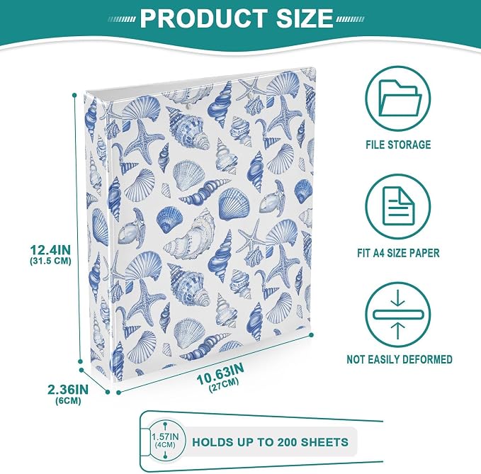 Navy Seashells 3 Ring Binder 1.5 Inch 2 Pack with 200 Sheet for Kids School Supplies Women Men Office
