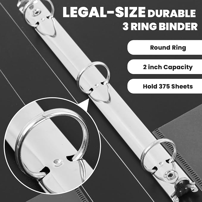Henoyso 4 Pcs Legal Size Binder 3 Ring 2" Durable Black Binders for 8.5" x 14" Paper Hold up to 375 Sheets for Documents Artwork Blueprints, Office, Home, Work Places