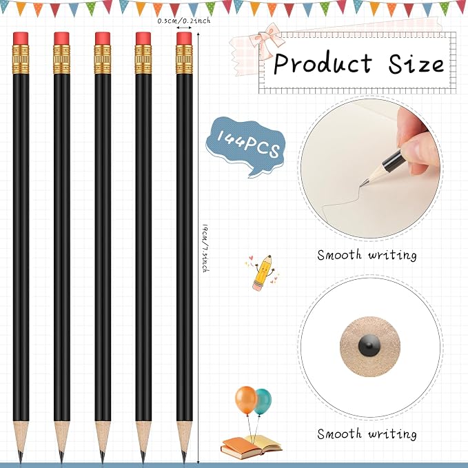 Outus 144 Pieces Round Pencils Cute HB Graphite Wood Pencils Bulk with Eraser for School Writing Drawing Sketching Wedding Office Supplies(Black)