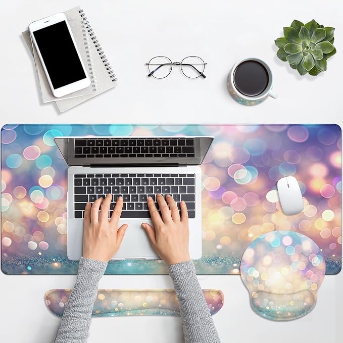 Keyboard Mouse Pad Set, 4 in 1 Desk Mat Set, Pink Blue Glitter | Large Mousepad+Keyboard Wrist Rest+Mouse Wrist Rest+Coaster Ergonomic Design for Home Office Computer