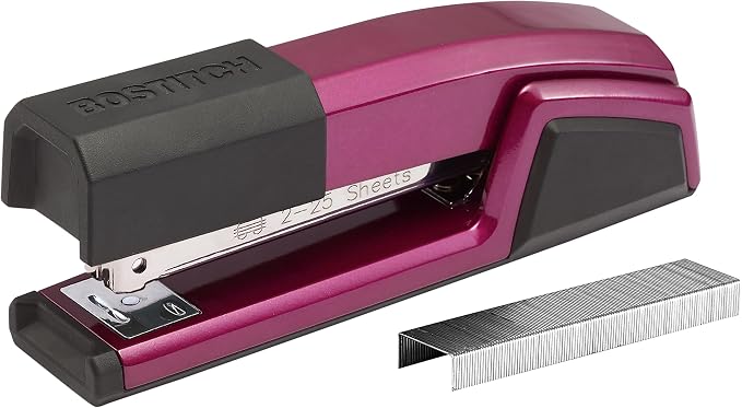 Bostitch Office Epic Metal Desk Stapler, 25 Sheet, Staple Remover, Purple | Die-cast body opens 180 degrees for bulletin boards, with a temporary stapling option and a hidden slot for backup fasteners.