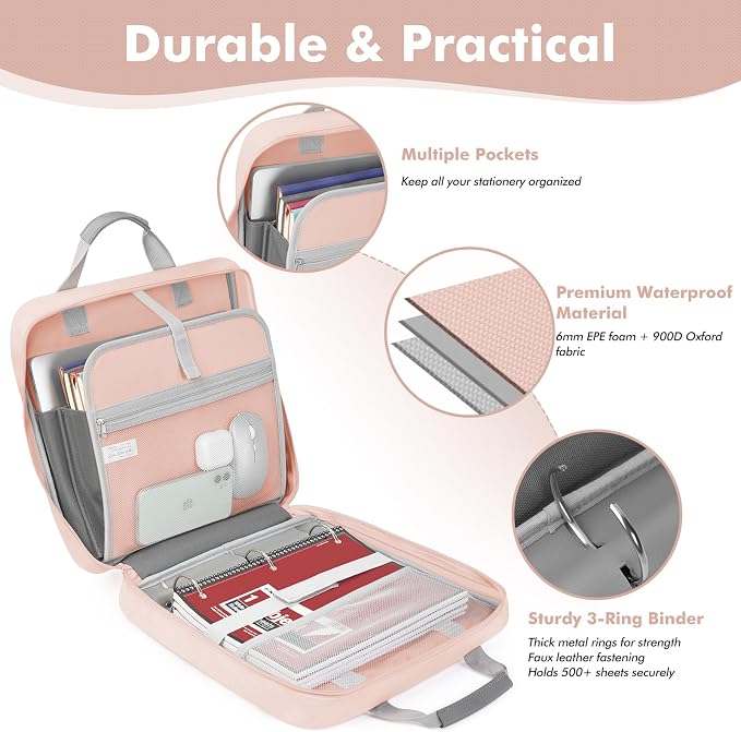 3-Ring Zipper Binder Organizer with Shoulder Strap, 2 Inch Binder | 500 Sheets Zip Up Binder Bag with Multiple Pockets & Storage, Laptop, Books Organizer for School Students and Teachers