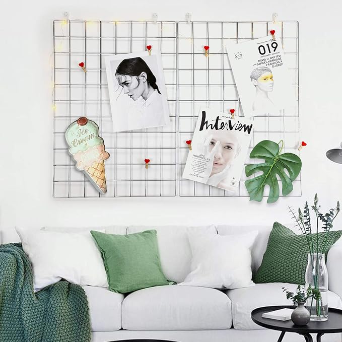 2 Pack Large Wall Grid Panels with Light and Clips, Photo Display Board, Picture Frame Collage Board, Wire Grid Wall Panel Room Decoration,Silver | Picture Frames Collage , Wire Grid Wall Panel Room Decoration