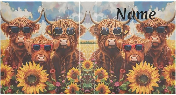 Custom 3 Ring Binder Highland Cows Sunflowers 1.5" Round Ring Binders Personalized Name View Binder with 200 Sheet for Women Men Office Kids School Supplies, 1 Pack