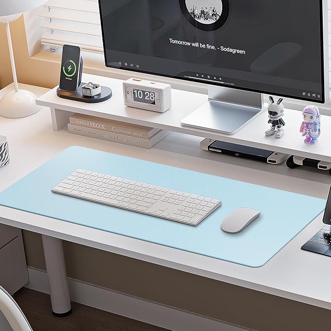 Boutilon Leather Desk Pad Protector,Non-Slip Mouse Pad,Laptop Desk Pad,Office Mouse Mat,Waterproof Leather Desk Blotter,Desk Writing Pad for Office and Home (M-Light Blue,30"x14")
