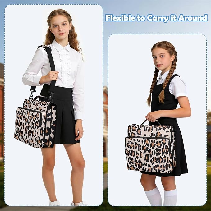 Leopard Print Zipper Binder File Organizer Bag 3 D-Ring | with Shoulder Strap, Holds 500 Sheets & 14in Laptop, 3 Ring Binder for Office Supplies