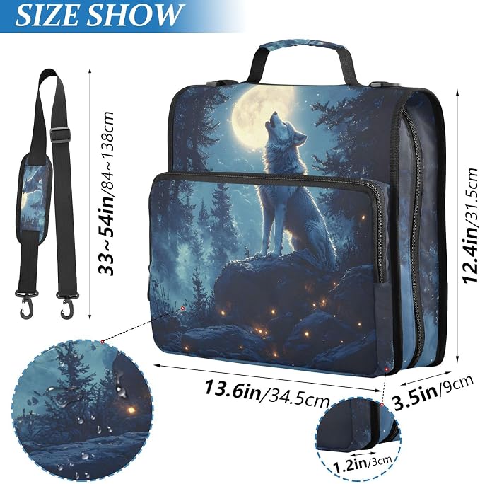 3 Ring Zipper Binder with Shoulder Strap Wolf Moon Galaxy Winter Forest 2 Inch Zippered Binder Bag 500 Sheet Capacity Multi Pockets for School Supplies