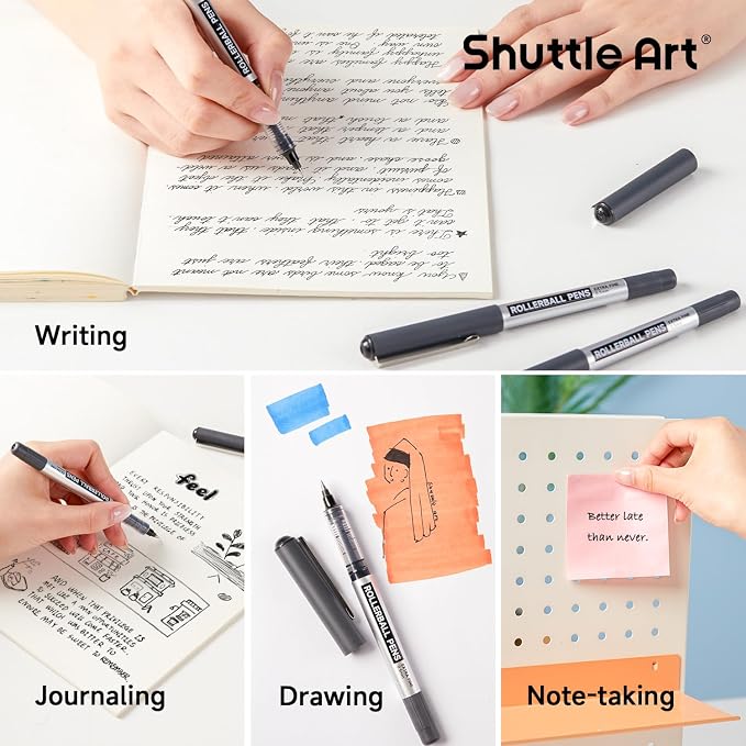 Shuttle Art RollerBall Pens, 50 Pack Black Fine Point Roller Ball Pens, 0.5mm Liquid Ink Pens for Writing Journaling Taking Notes School Office