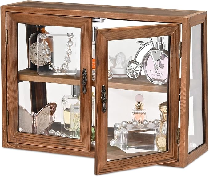 MOOCA Wood 4 Sides Glass Display Case with Double Doors, Adjustable Shelf | Brown wood-and-glass display case with double doors and adjustable 2-level storage for collectibles, jewelry, or pastries.