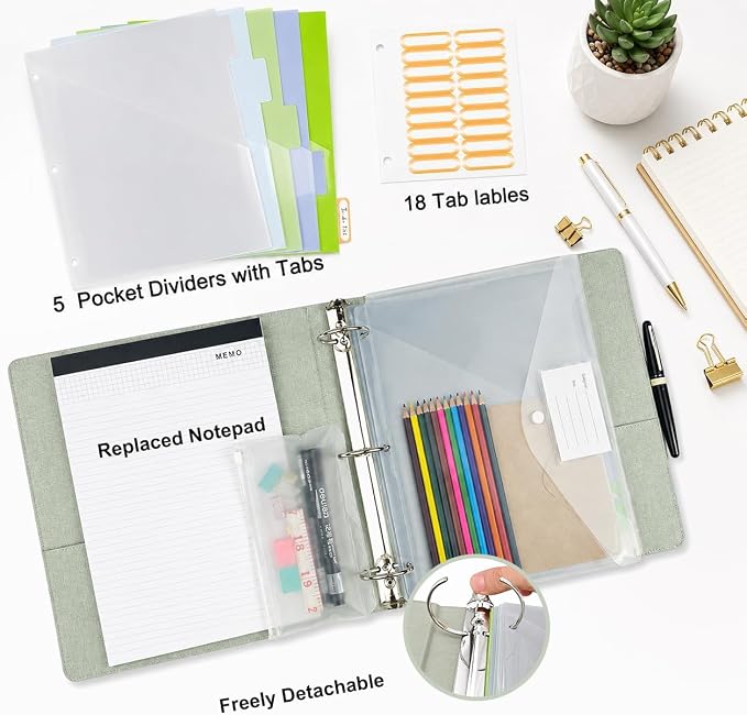 3 Ring Binder with Clipboard,2 Inch Binders with Notepad&5 Dividers with Pockets, Labels,PU Clipboards for School Office(Green Tulip,Letter Size)