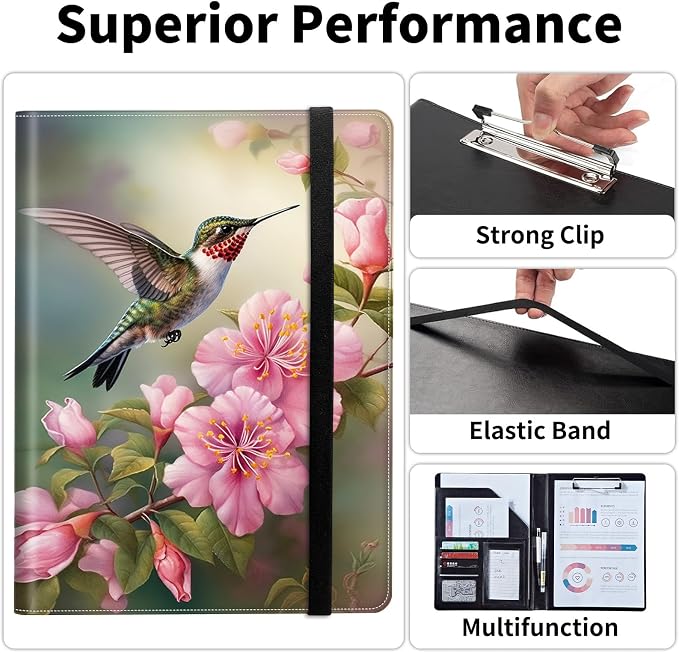 Padfolio/Portfolio Folder Clipboard,Padfolio Clipboard,Writing Portfolio Leather with Cover for Card Holder Slot Letter Size A4 for Office Conference Notepad Clip Boards,Birds Pink Flowers