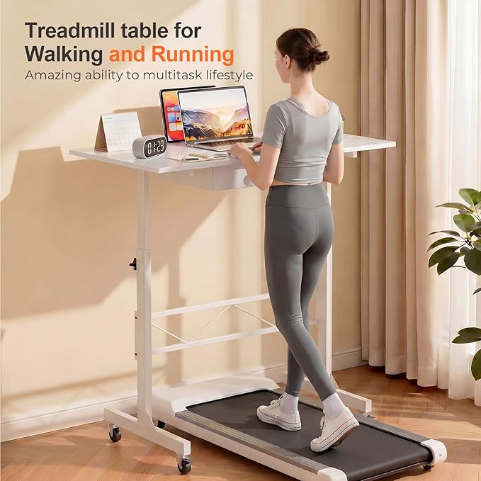 COMHOMA Portable Standing Desk Adjustable Height 30.7"-46.4", Standing Desk with Drawers, Mobile Rolling Computer Desk for Home Office Work and Walking Pad Treadmill, Carbon Fiber White