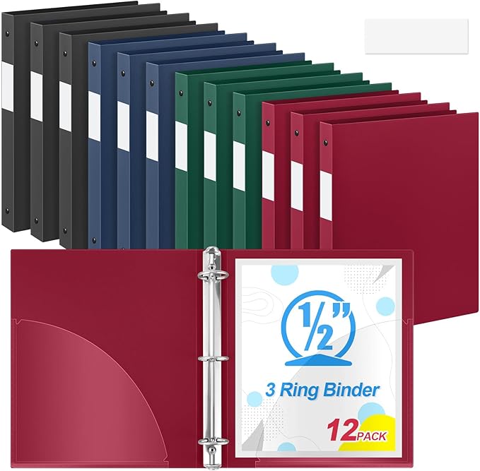 Henoyso 1/2 Inch 3 Ring Colored Binders Soft Flexible, 8.5'' x 11'' Plastic Floppy Binders Bendable with 2 Pockets, Colorful Binder Bulk for School Office Business ，12 Pack (Assorted Classic Color)